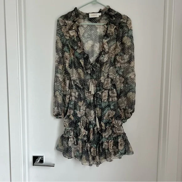 Zimmermann 0 XS Silk Floral Long Sleeve Tiered Ruffle Mini Dress - Picture 3 of 10